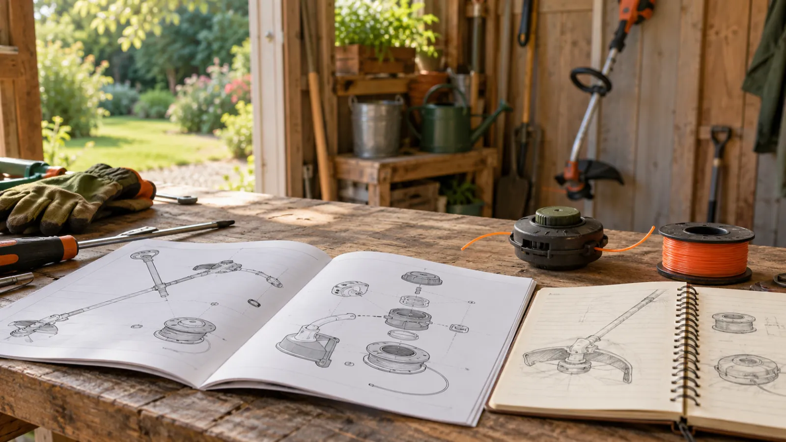 Documentation technique et carnet ouvert sur un établi de jardin
