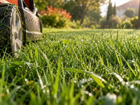 Pelouse humide et haute au petit matin, aperçu d'une roue de tondeuse