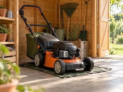 Tondeuse rangée au sec dans un abri de jardin