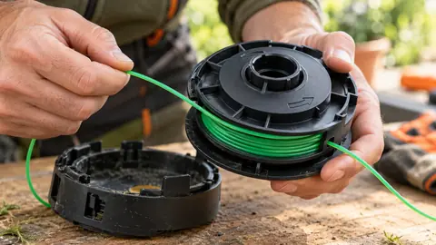 Mains enroulant du fil nylon vert sur une bobine de coupe-bordure