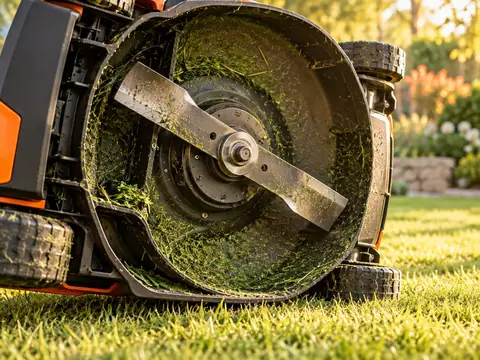 Lame de tondeuse recouverte d'herbe coupée en fin de tonte