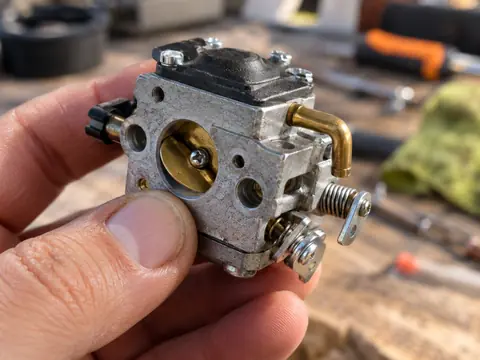 Marquage gravé sur le corps métallique d'un carburateur de débroussailleuse