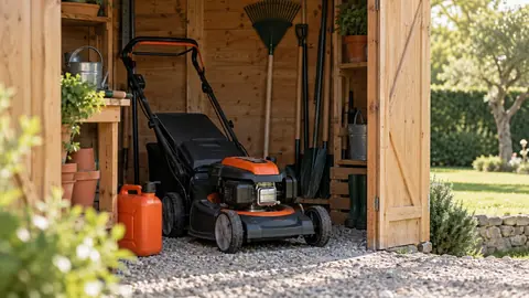 Tondeuse thermique rangée dans un abri de jardin ventilé à côté d'un bidon de carburant fermé