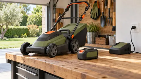 Tondeuse à batterie et chargeur posés sur un établi de garage