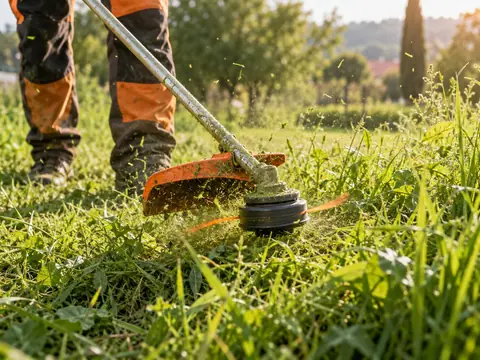 Tête de débroussailleuse en action dans l'herbe haute