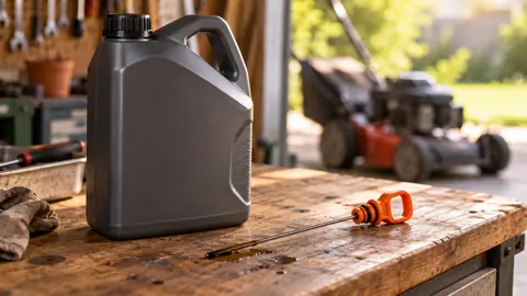 Bidon d'huile moteur et jauge d'huile posés sur un établi de garage