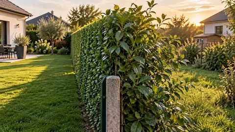 Haie de laurier à la limite de deux jardins, taillée d'un seul côté
