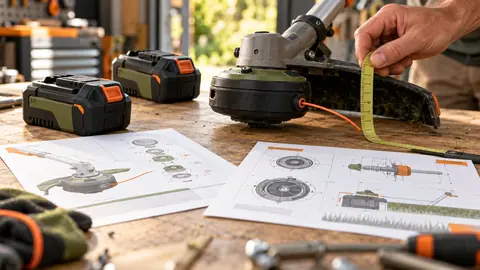 Comparaison visuelle de batteries et d'une tête de coupe sur un établi