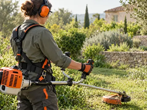 Équipement de protection porté avant d'utiliser une débroussailleuse à fil