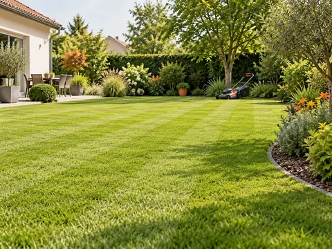 Pelouse de 1000 m² récemment tondue avec des bandes régulières