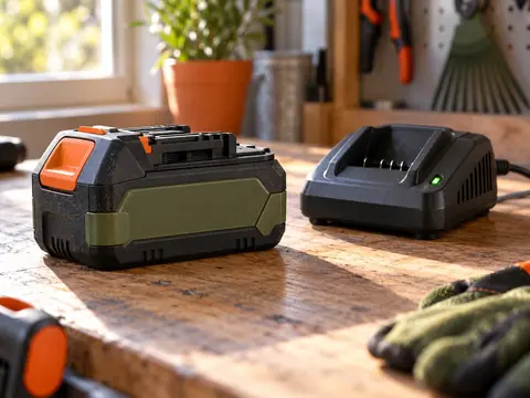 Batterie amovible et chargeur posés sur un établi de garage
