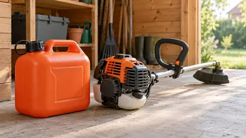 Bidon de carburant et débroussailleuse thermique dans un abri de jardin