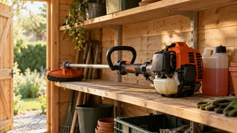 Débroussailleuse thermique rangée à sec pour l'hivernage dans un abri de jardin