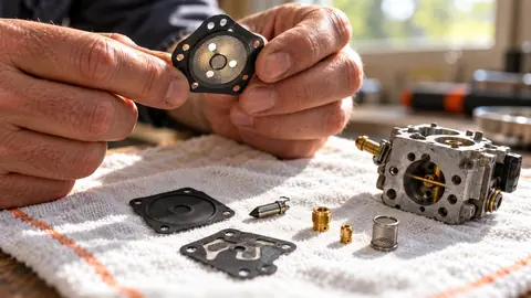 Membranes et gicleurs d'un carburateur posés sur un chiffon propre