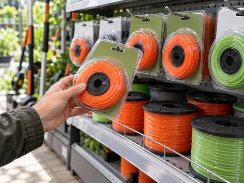 Bobines et rouleaux de fil de coupe-bordure présentés en rayon