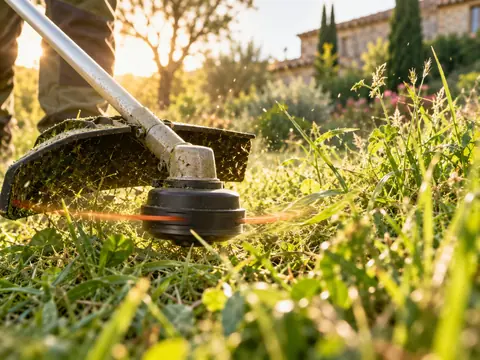 Fil de débroussailleuse en action dans une zone d'herbe haute