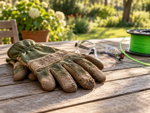 Gants de jardin, lunettes de protection et bobine de fil sur une table