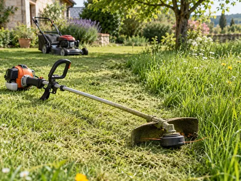 Pelouse partiellement fauchée à la débroussailleuse, tondeuse en arrière-plan