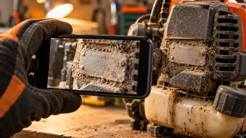 Plaque moteur photographiée au smartphone pour identifier la machine