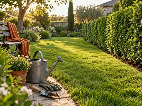 Pelouse tondue avec bordures nettes dans un jardin français en fin d'après-midi