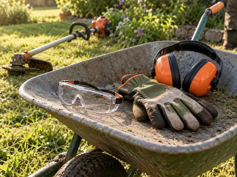 Équipement de protection posé près d'un coupe-bordure dans un jardin